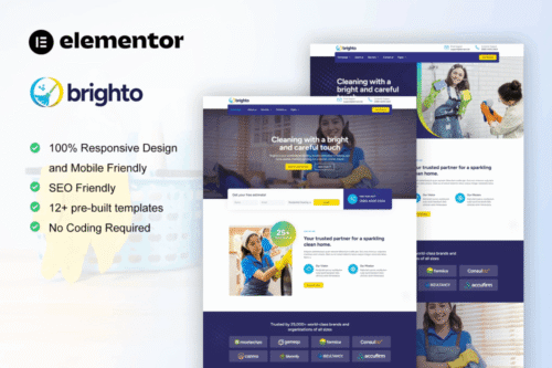 Brighto – Cleaning Service Company Elementor Pro Template Kit - Brighto is an Elementor Pro Template Kit for Cleaning Services website. This template kit will help you to create any website related to cleaning services website such as home cleaning