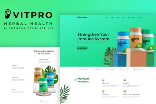 Vitprois an Elementor Template Kit for quickly and easily creating websites for your business using the Elementor Page Builder plugin for WordPress. This kit has been optimized for use with the free Hello Elementor theme but may be used with most themes that support Elementor. With the help of this elementor template kit you can create a website for any health or wellness brand. All Features