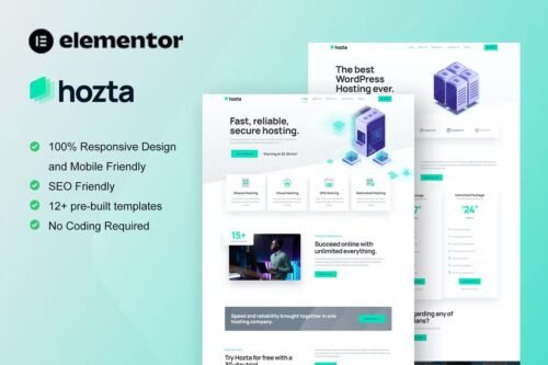 Hozta - Web Hosting Service Elementor Template Kit - Hozta is Elementor Template Kit for web hosting business & services. This template has cool layout with modern style design, and professional look. Suitable for any business related to web hosting and service. You can easily start & build professional hosting website. Just drag and drop, no coding required.